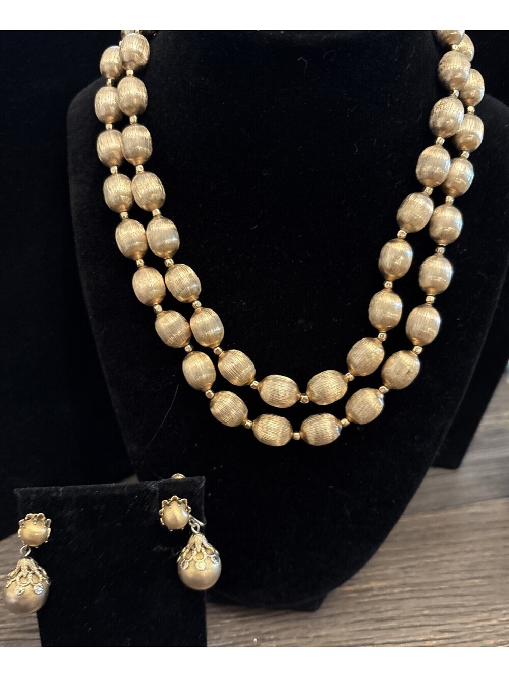Trifari Double Strand Gold Tone NecKlace With Vendome  Gold Tone Clip Earrings